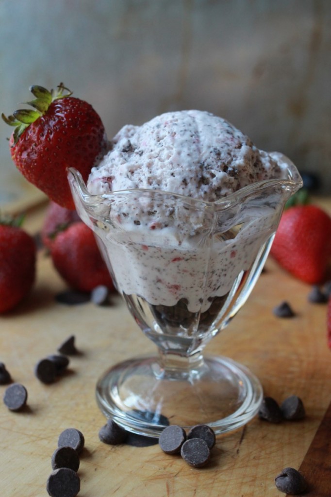 chocolate covered strawberry ice cream in a vintage ice cream cup